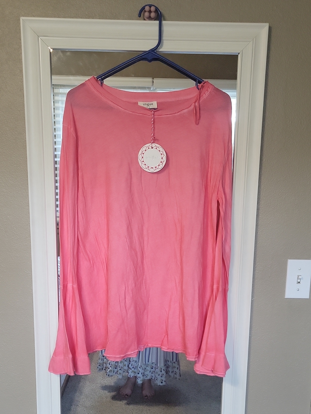 NWT- UMgee Coral Pink Long-Sleeve Lightweight Women's Tee With Flared Sleeves